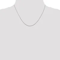 A thin silver chain necklace displayed on a mannequin torso against a white background.