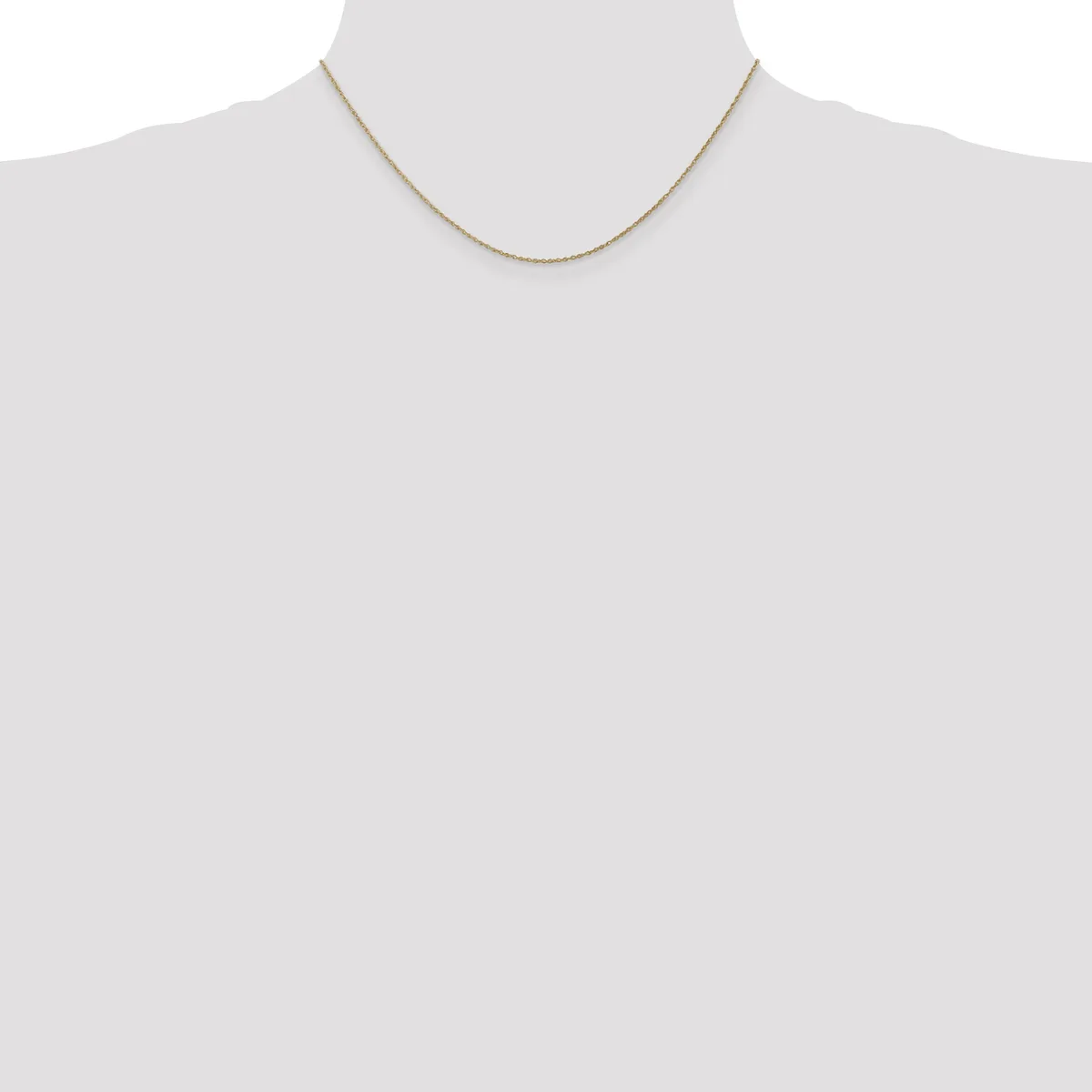 A thin gold-toned chain necklace displayed on a mannequin neck against a white background.