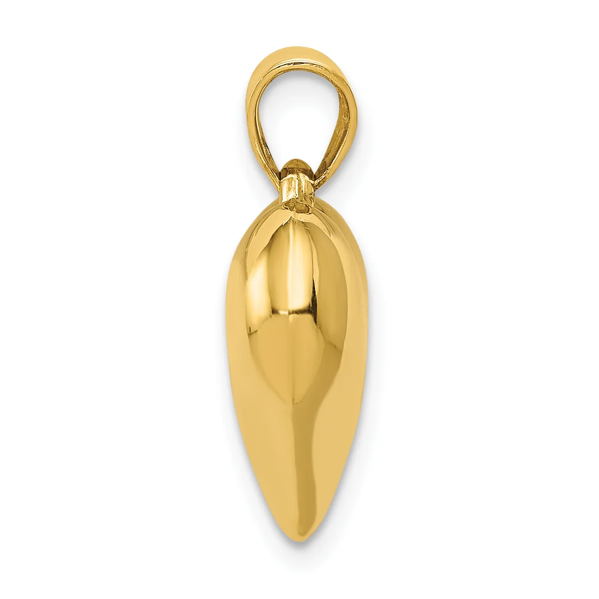 A polished gold teardrop-shaped pendant with a looped bail attachment at the top.