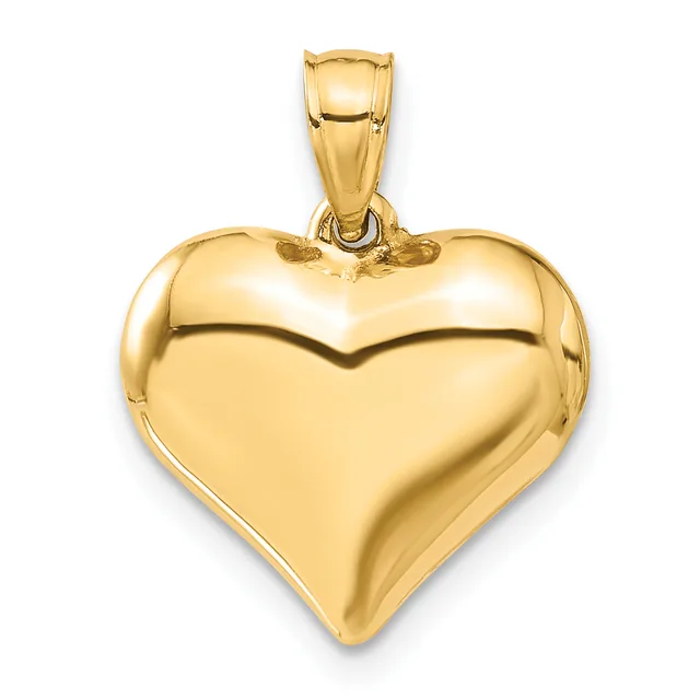 A polished gold heart-shaped pendant with a bail loop at the top, shown against a white background.