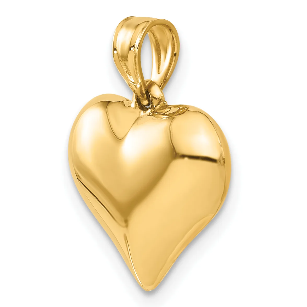 A polished gold heart-shaped pendant with a small loop bail at the top, shown against a white background.