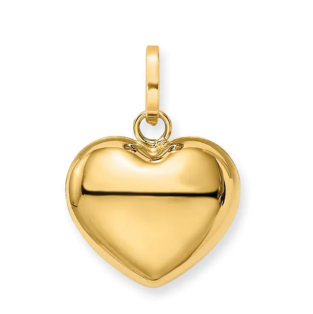 A polished gold heart-shaped locket pendant with a split opening down the center and a rectangular bail loop at the top.