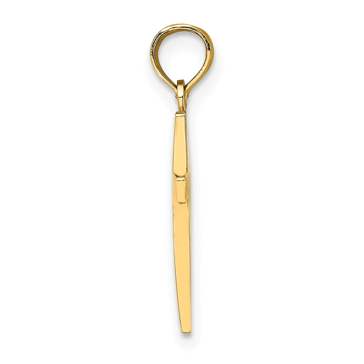 A gold-toned metal keychain pendant with a loop at the top and an elongated cylindrical shaft tapering to a point at the bottom.