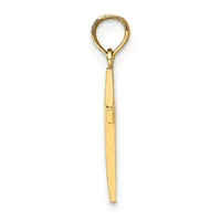 A gold-toned metal keychain pendant with a loop at the top and an elongated cylindrical shaft tapering to a point at the bottom.