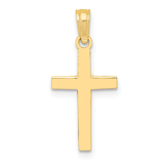 A polished gold cross pendant with a rectangular shape and rounded edges, shown hanging from a bail loop against a white background.