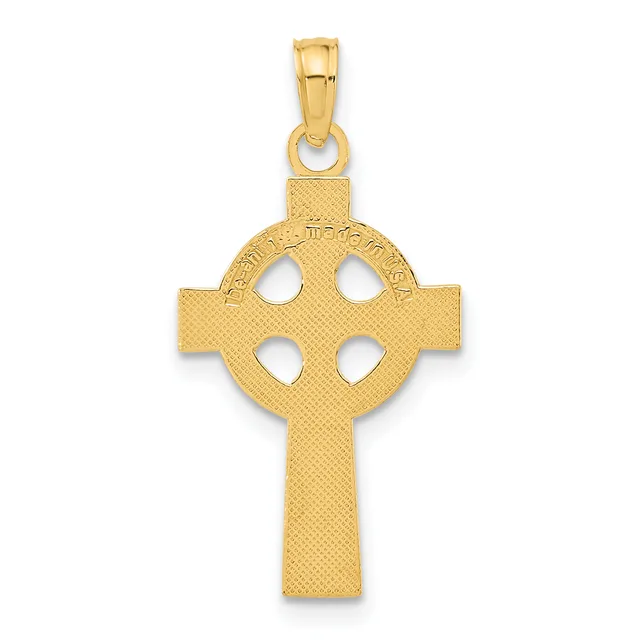 A gold Celtic cross pendant with a circular center featuring four circular cutouts, shown hanging from a bail against a white background.