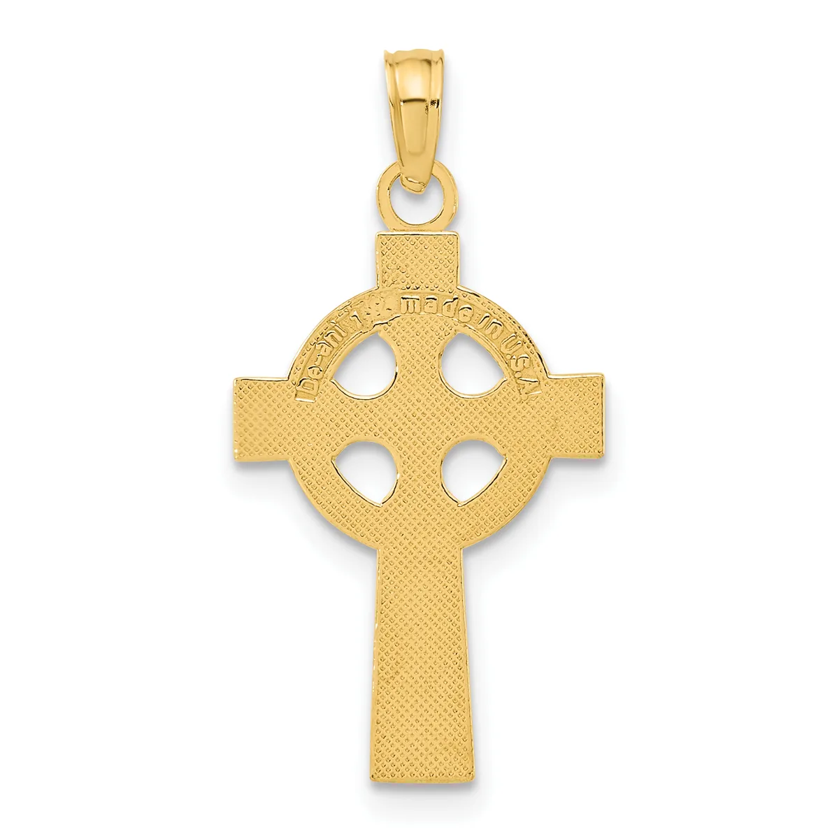 A gold Celtic cross pendant with a circular center featuring four circular cutouts, shown hanging from a bail against a white background.