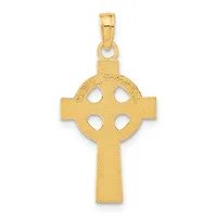 A gold Celtic cross pendant with a circular center featuring four circular cutouts, shown hanging from a bail against a white background.
