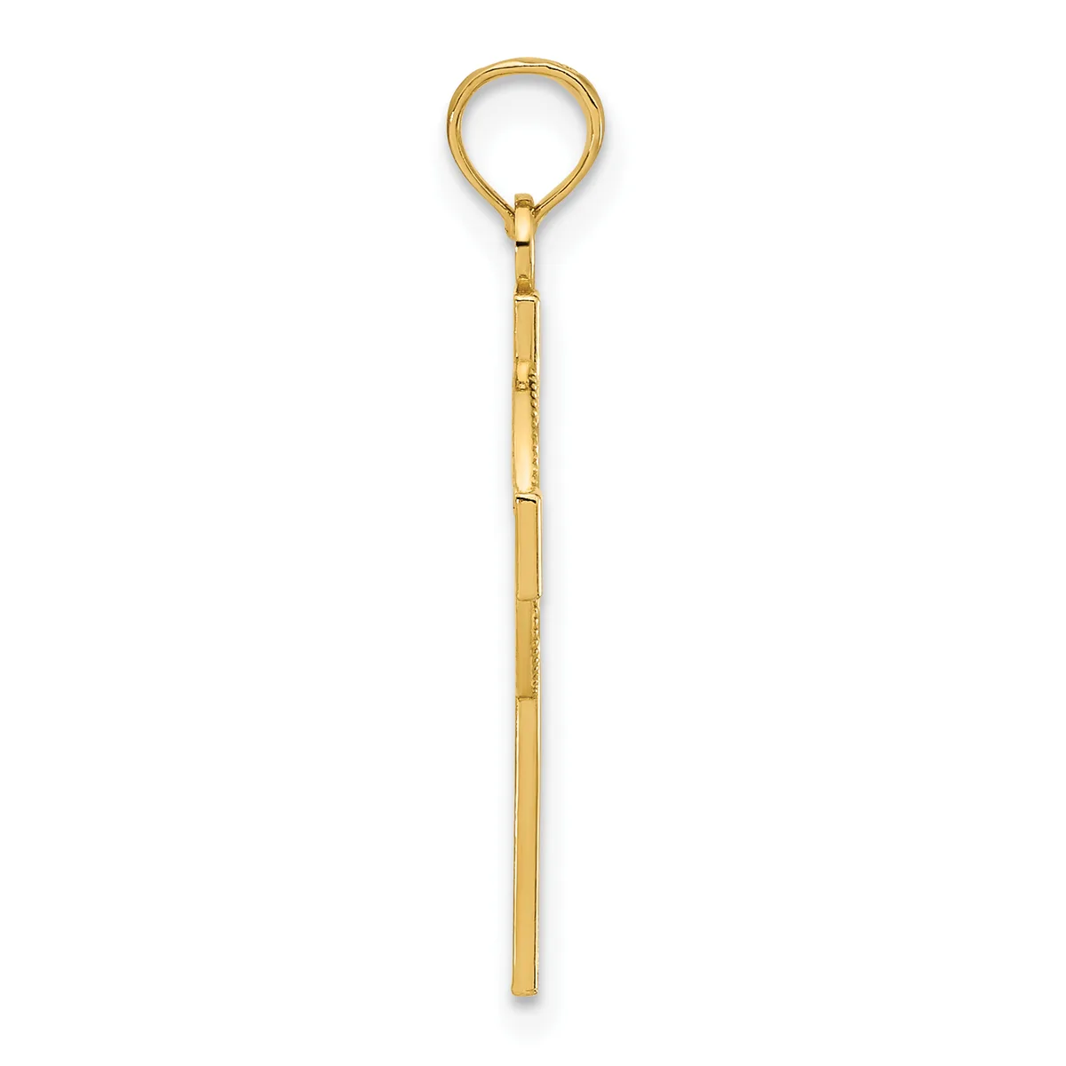 A long gold pendant with a circular loop at the top and a thin cylindrical shaft with subtle segmented detailing along its length.