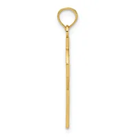 A long gold pendant with a circular loop at the top and a thin cylindrical shaft with subtle segmented detailing along its length.