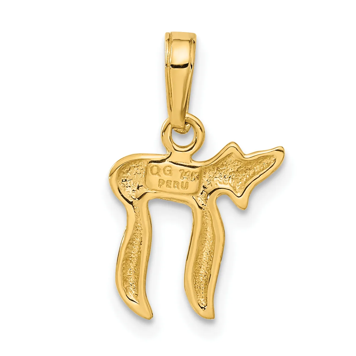 A gold pendant in the shape of a chai symbol with textured surfaces and a polished bail at the top.