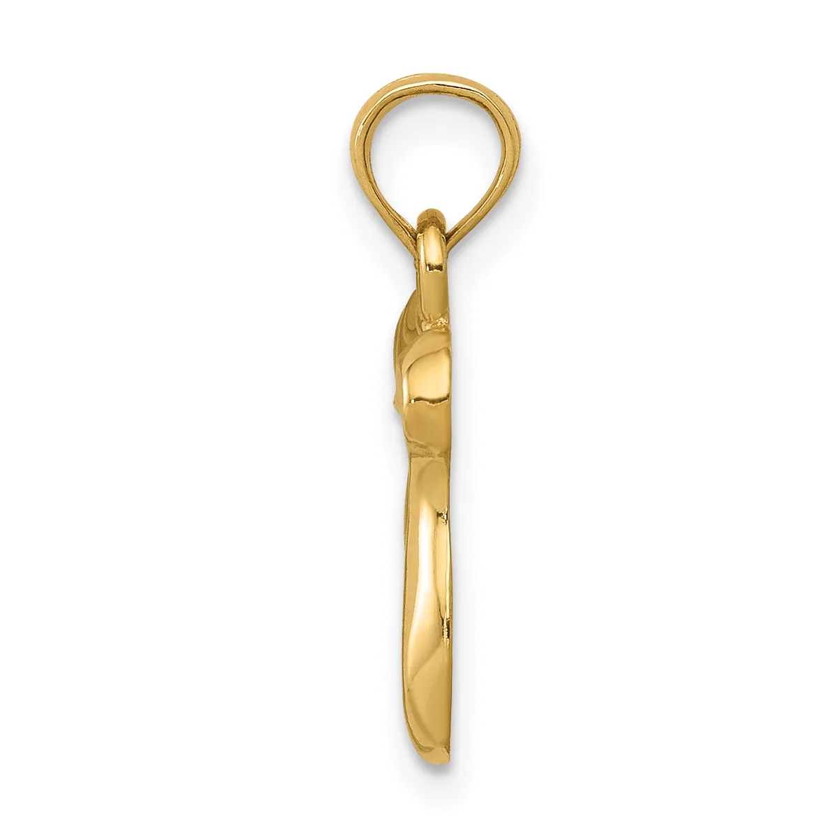 A polished gold-colored metal charm or pendant with an elongated oval shape and a loop attachment at the top, shown against a white background.