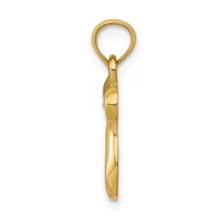 A polished gold-colored metal charm or pendant with an elongated oval shape and a loop attachment at the top, shown against a white background.