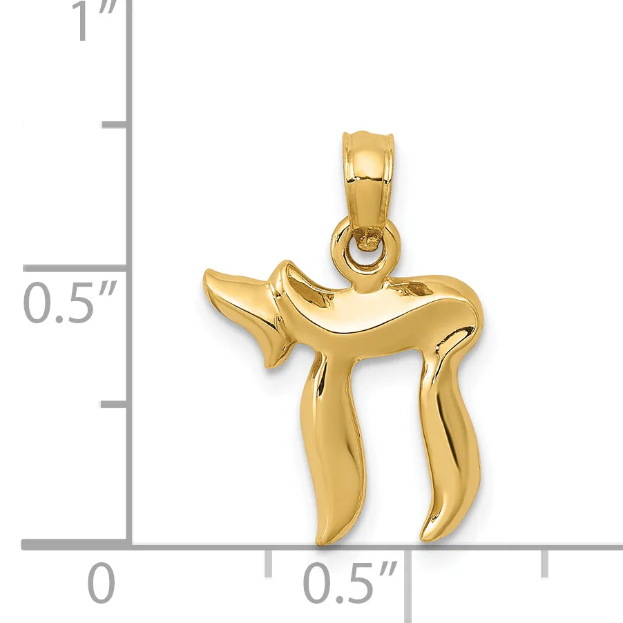 Gold pendant in the shape of a Hebrew letter chai with a polished finish and bail loop, shown next to a ruler indicating its size is approximately one inch tall.