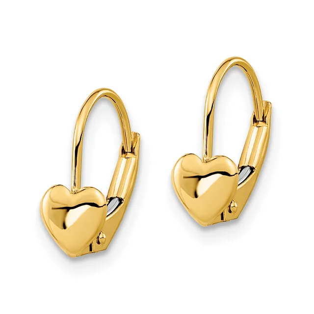 Pair of gold-colored heart-shaped leverback earrings with polished finish, shown against a white background.
