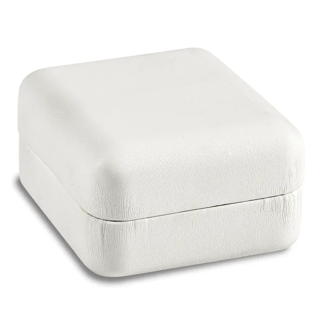 A white textured square box with a hinged lid, shown closed against a white background.