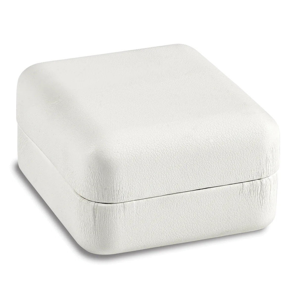 A white textured square box with a hinged lid, shown closed against a white background.