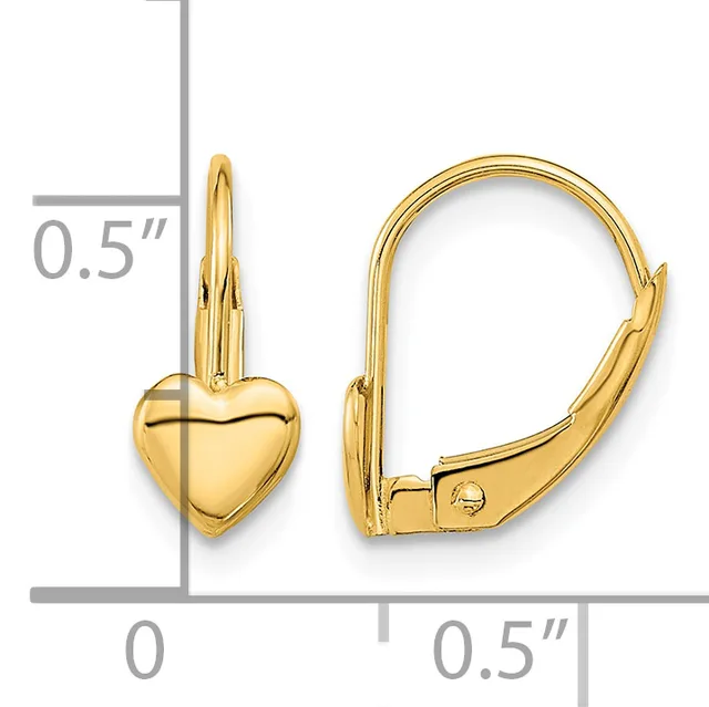 A pair of gold-colored heart-shaped lever-back earrings displayed against a measurement scale showing approximately 0.5 inches in length.