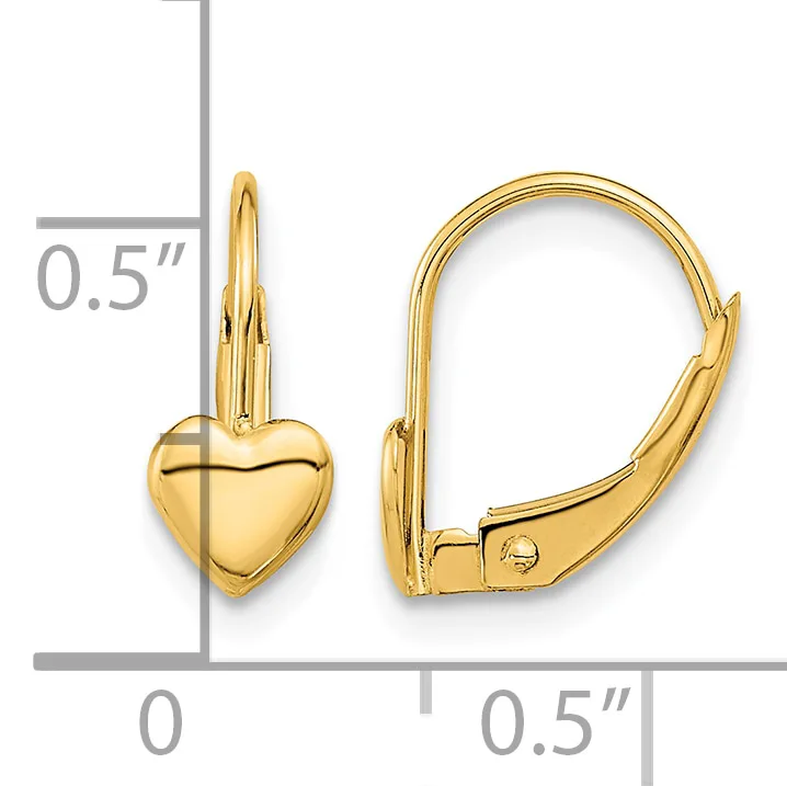 A pair of gold-colored heart-shaped lever-back earrings displayed against a measurement scale showing approximately 0.5 inches in length.