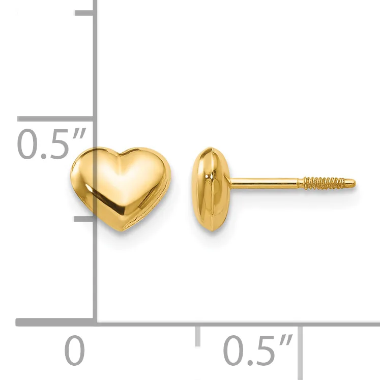 Pair of polished gold-tone heart-shaped stud earrings with posts and backs, shown front and side view against a measurement scale.
