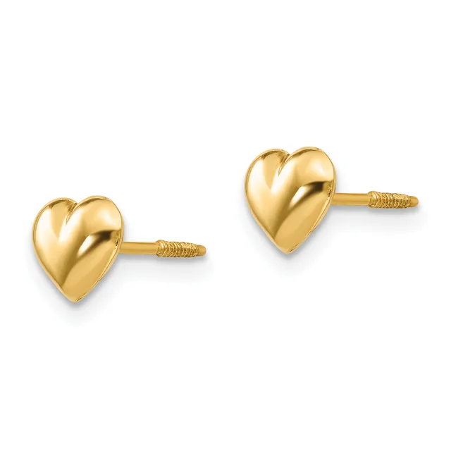 A pair of gold heart-shaped stud earrings with a polished finish and screw-back posts displayed against a white background.