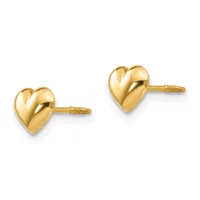 A pair of gold heart-shaped stud earrings with a polished finish and screw-back posts displayed against a white background.