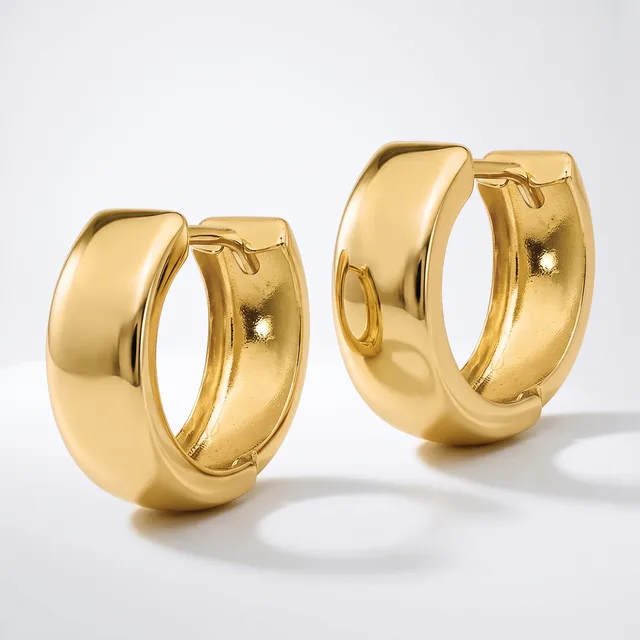 A pair of polished gold chunky hoop earrings with hinged closures, displayed side by side on a white surface.