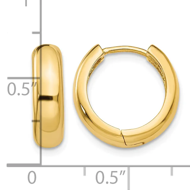 A pair of polished gold hoop earrings with a chunky, rounded profile and hinged closures, shown next to a ruler indicating approximately half-inch dimensions.