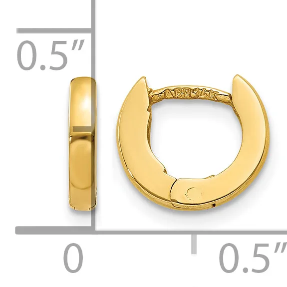 Pair of polished gold-colored huggie hoop earrings with measurements showing 0.5 inches in height and width.