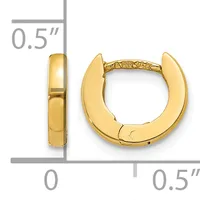 Pair of polished gold-colored huggie hoop earrings with measurements showing 0.5 inches in height and width.