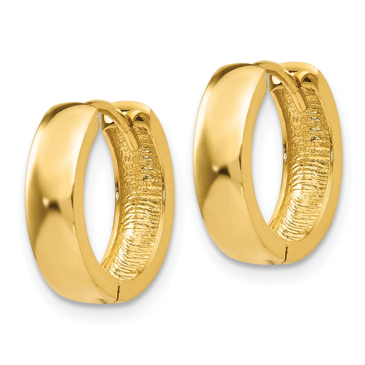 A pair of polished gold hoop earrings with textured inner surfaces, shown from the front against a white background.