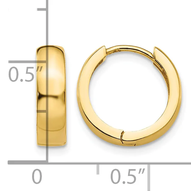 A pair of polished gold-toned chunky hoop earrings with a hinged closure, shown against a measurement scale indicating approximately 0.5 inches in width.