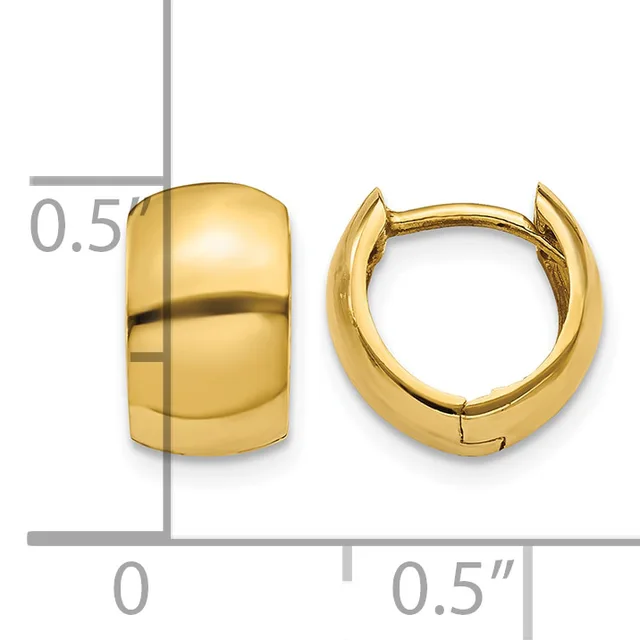A pair of polished gold-colored huggie hoop earrings shown front and side view with a measurement scale indicating approximately 0.5 inches in width and height.