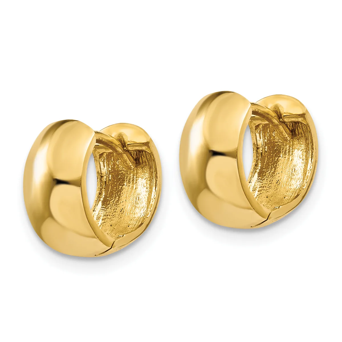 A pair of polished gold huggie hoop earrings with a chunky, curved design shown from the front against a white background.
