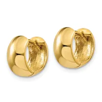 A pair of polished gold huggie hoop earrings with a chunky, curved design shown from the front against a white background.