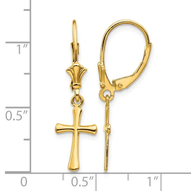Gold-toned cross pendant earrings with lever-back closures, displayed against a measurement scale showing approximately one inch in length.