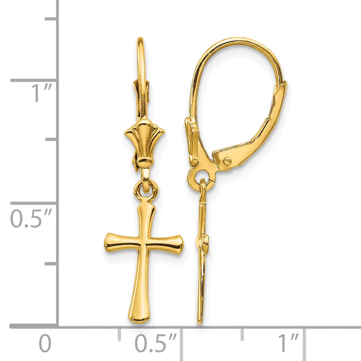 Gold-toned cross pendant earrings with lever-back closures, displayed against a measurement scale showing approximately one inch in length.