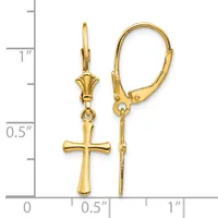 Gold-toned cross pendant earrings with lever-back closures, displayed against a measurement scale showing approximately one inch in length.