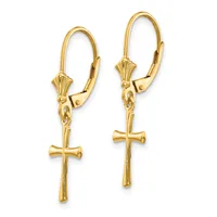 A pair of gold-toned leverback earrings with decorative fan-shaped tops and dangling cross pendants.