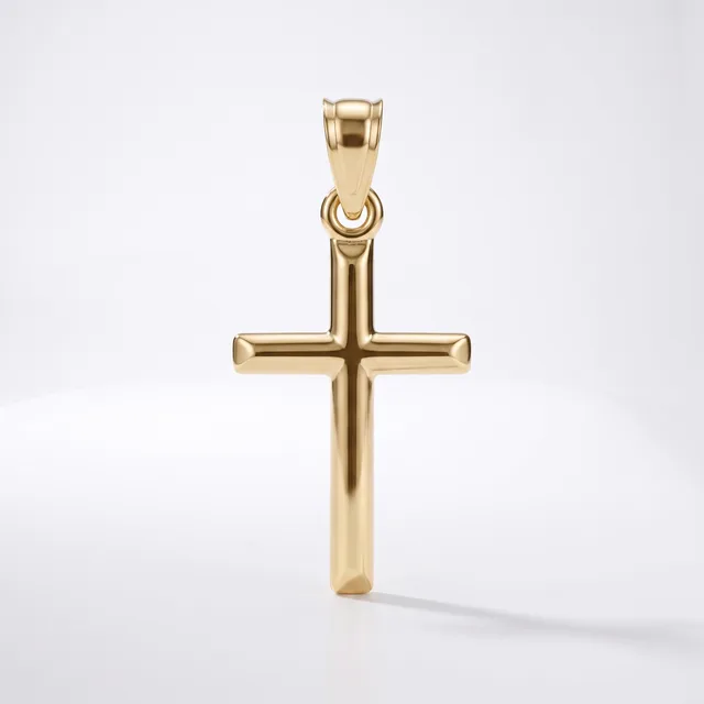A polished gold cross pendant with a rounded bail loop at the top, shown against a white background.