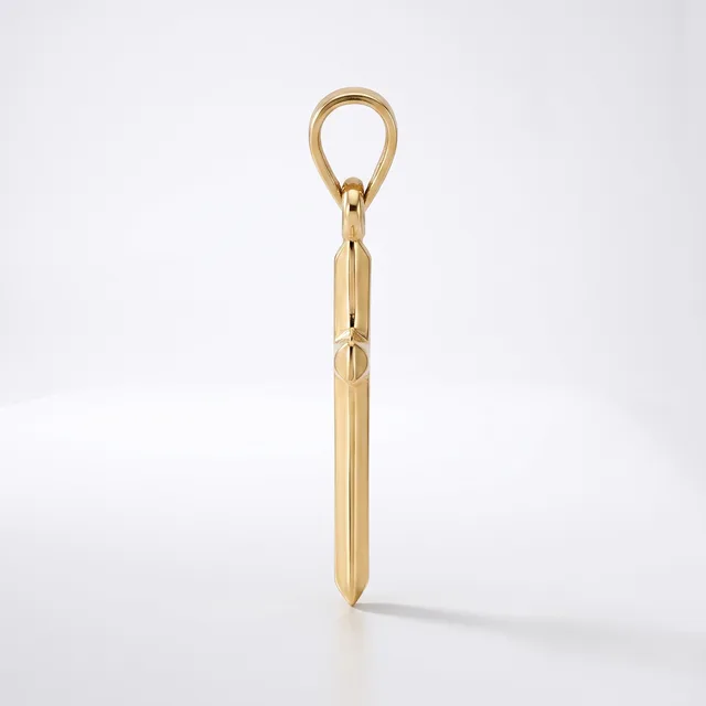A polished gold pendant in the shape of a vertical elongated teardrop with a loop at the top, shown against a white background.