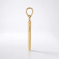 A polished gold pendant in the shape of a vertical elongated teardrop with a loop at the top, shown against a white background.