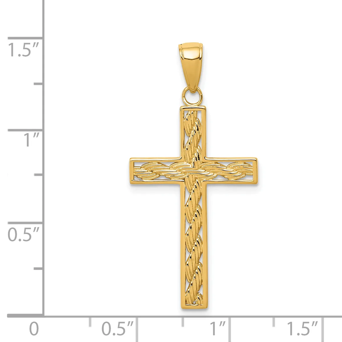 A gold cross pendant with textured surface detail shown against a measurement scale indicating approximately one inch in width and one and a half inches in height.