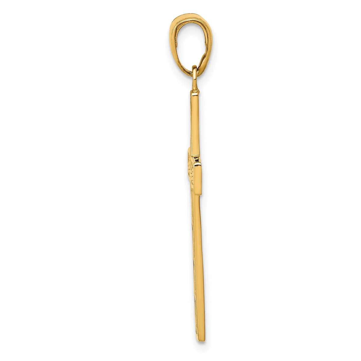 A long, slender gold-toned metal pendant with an oval loop at the top and a cylindrical shaft tapering to a rounded point at the bottom.