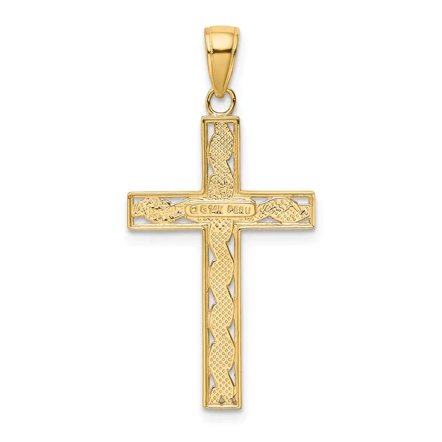 A gold cross pendant with textured surface details and decorative patterns throughout, suspended from a bail loop at the top.