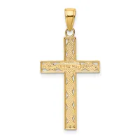A gold cross pendant with textured surface details and decorative patterns throughout, suspended from a bail loop at the top.