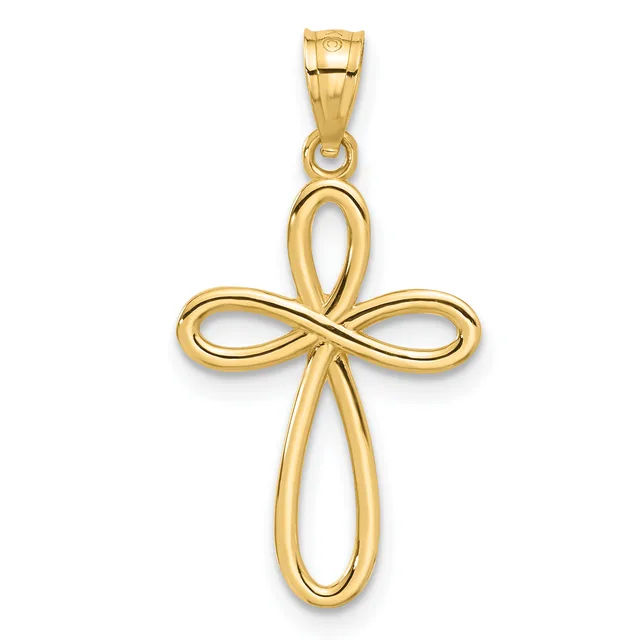 A polished gold cross pendant with intertwined loops forming the arms and shaft, suspended from a gold bail.