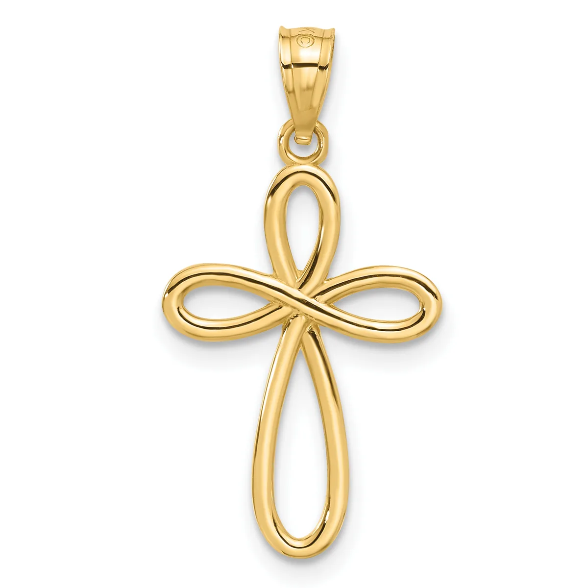 A polished gold cross pendant with intertwined loops forming the arms and shaft, suspended from a gold bail.