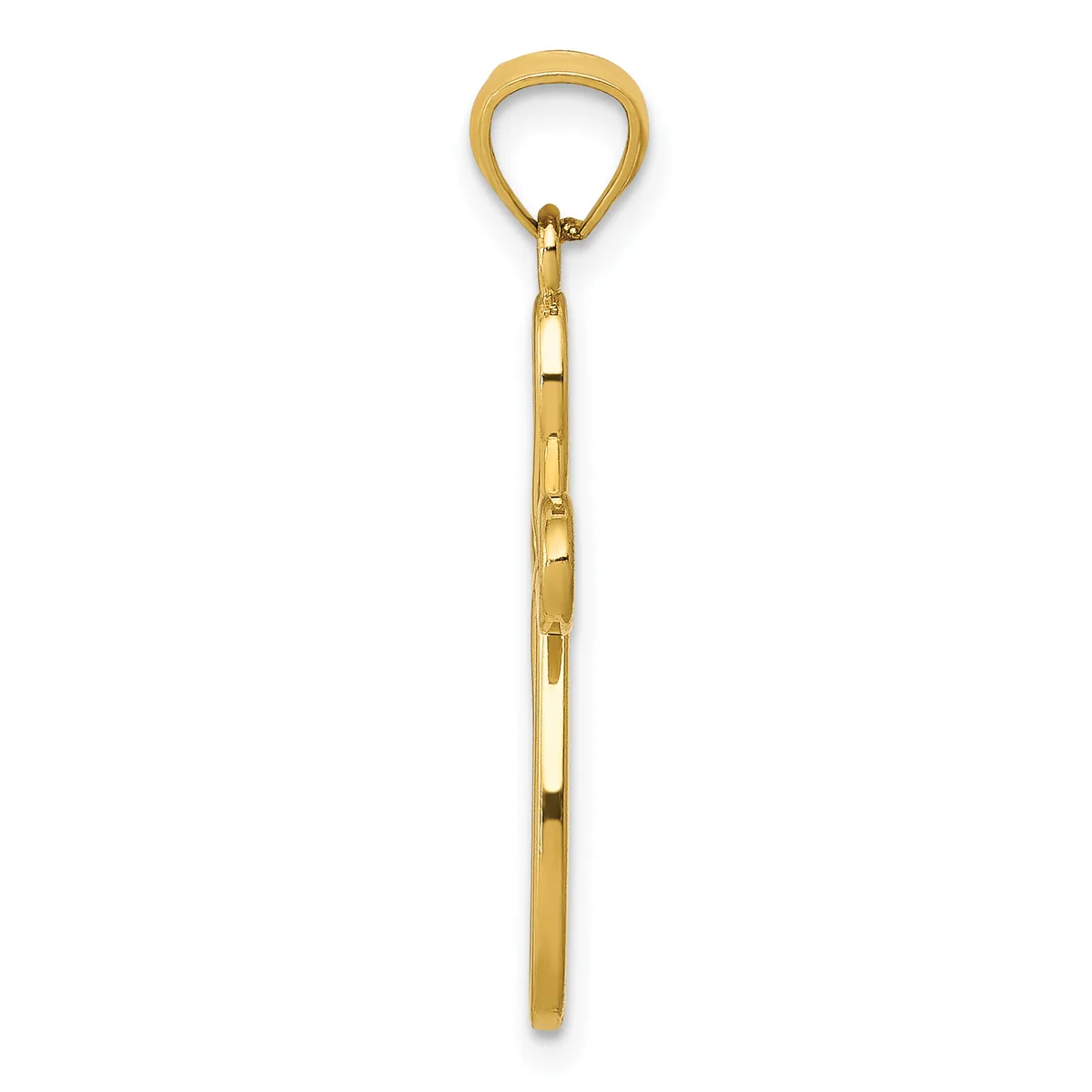 A long gold chain with a rounded loop at the top, displayed vertically against a white background.