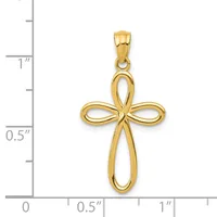 A gold cross pendant with looped arms and bail, shown next to a ruler indicating approximately one inch in length.